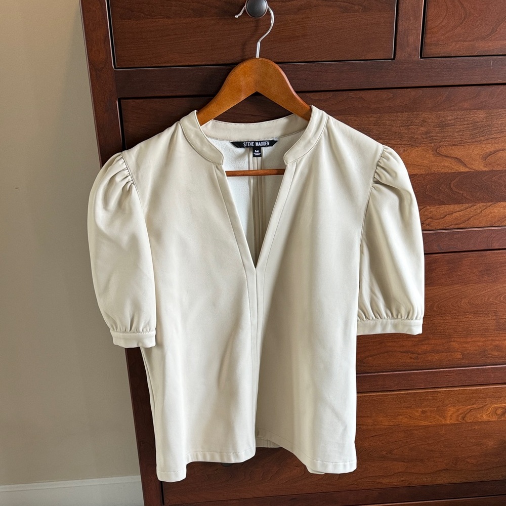 Steve Madden Cream Faux Leather Puff Sleeve Blouse